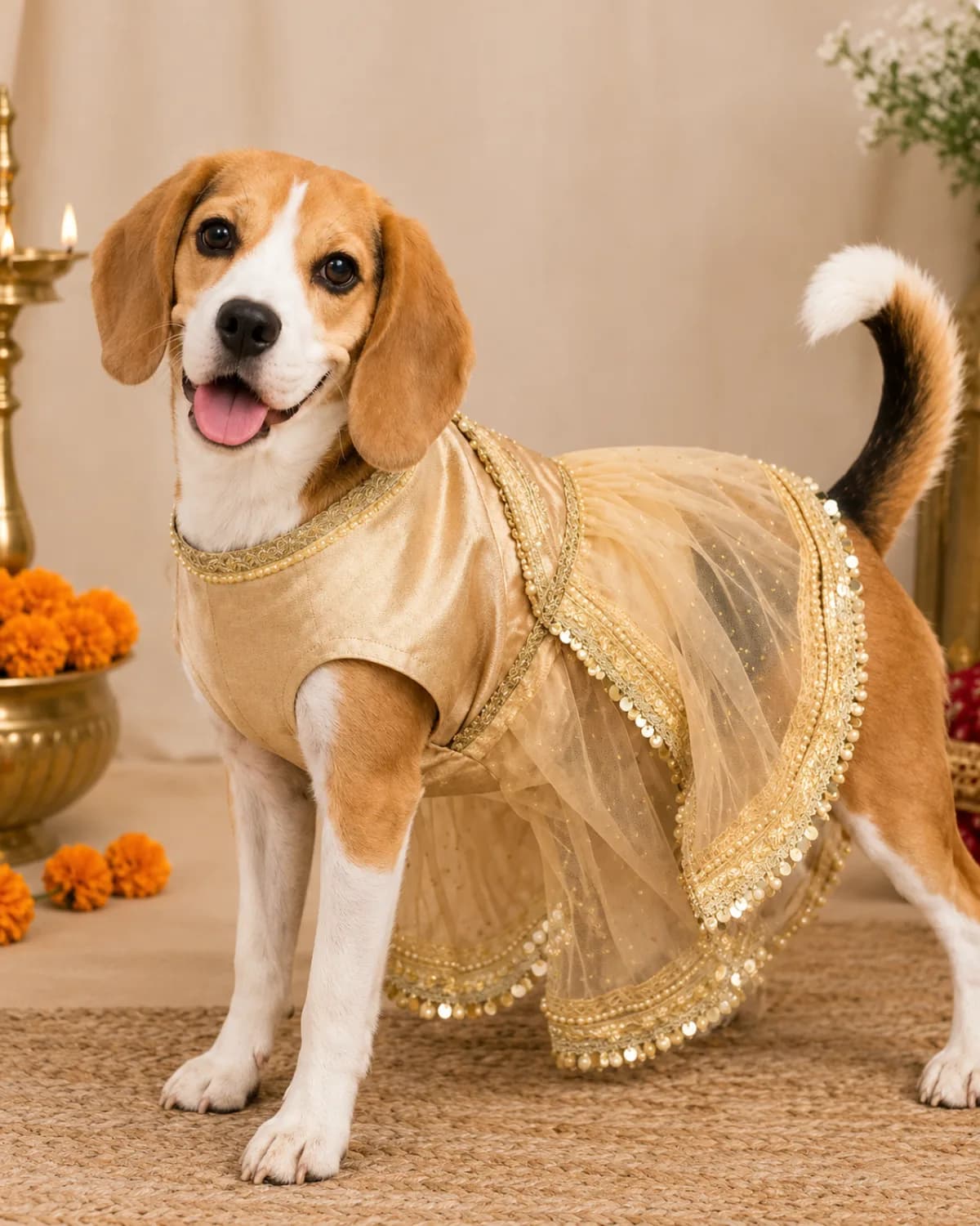 Beagle in the gold Sona Pari Lehenga