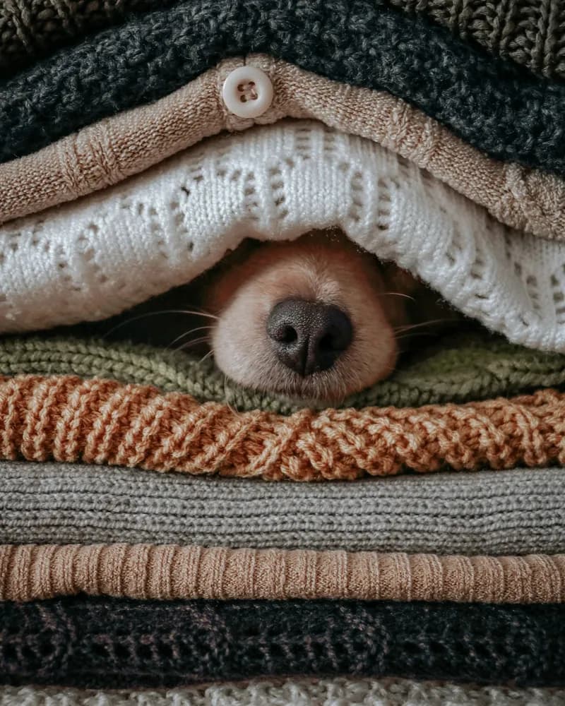 A dog hiding under a pile of knit sweaters